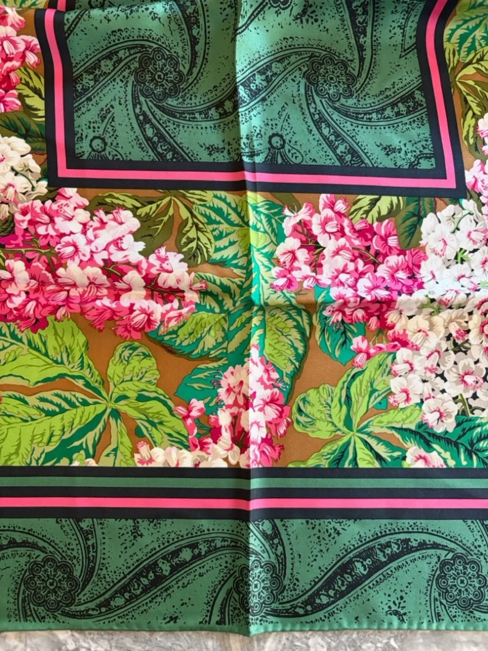 Vintage Oscar de la Renta Floral Green and Pink Silk Square Scarf